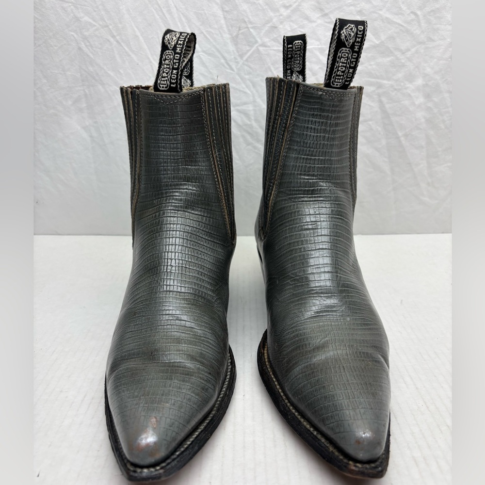 Men's Pointed Chelsea Boots - Gray Croc-Embossed Leather, SZ 8